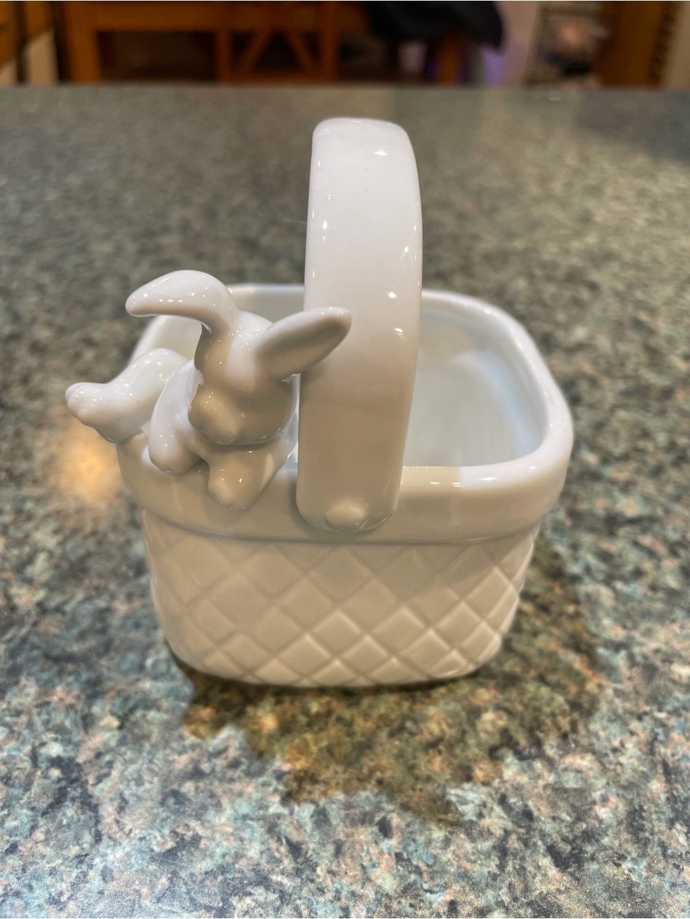 White Ceramic Basket with Bunny Accent Easter Rabbit